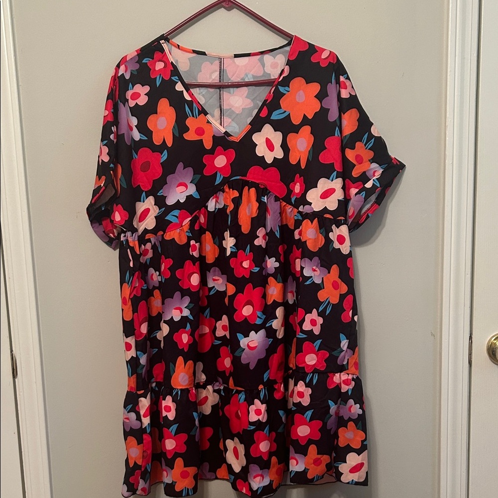 SHEIN Multicolor Floral V-Neck Ruffle Hem Smock Dress
